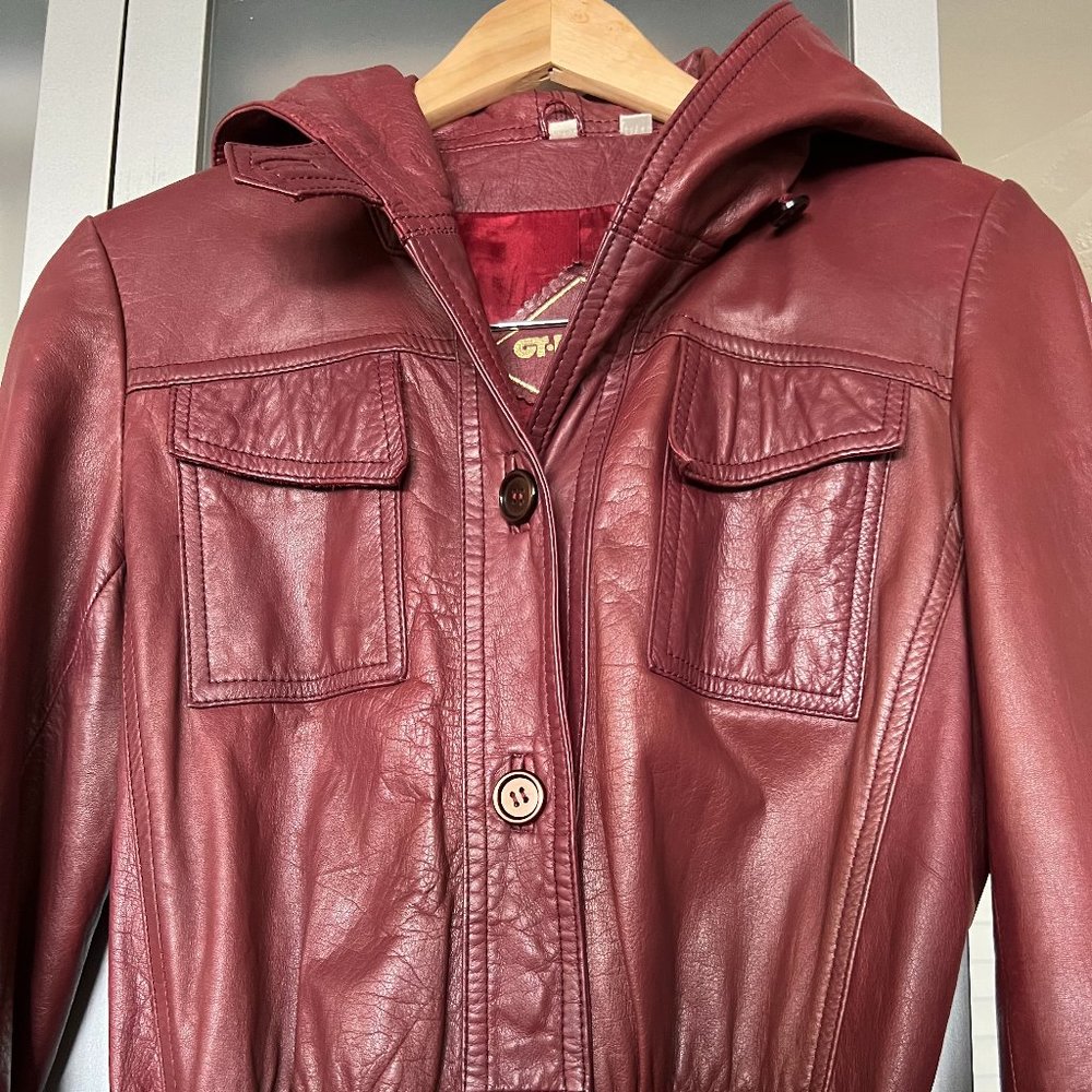 Vintage Red Leather Trench Coat with Hoodie